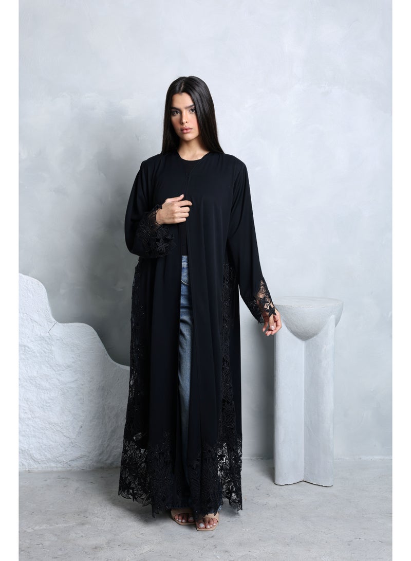IKKXA Open Lace Design Sleeves and Sides Abaya ABY1143 Black - Image 1